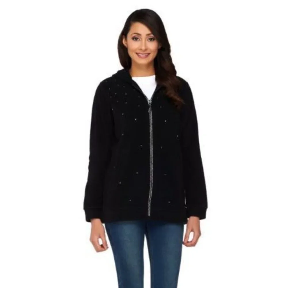The Quacker Factory Rhinestone Hooded Zip Up Sweater Jacket Bling Faux Fur - Picture 6 of 6